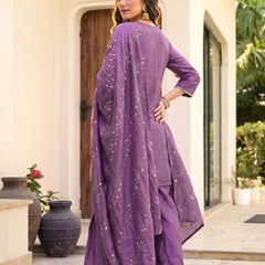 Women's Embroidered Gold Silk Straight Kurta With Sharara & Dupatta Set