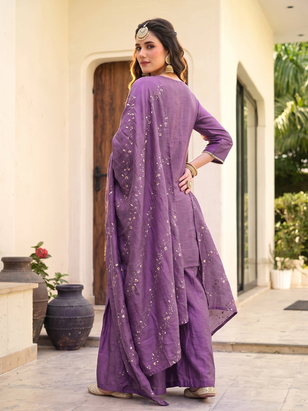 Women's Embroidered Gold Silk Straight Kurta With Sharara & Dupatta Set