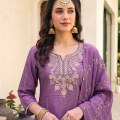 Women's Embroidered Gold Silk Straight Kurta With Sharara & Dupatta Set