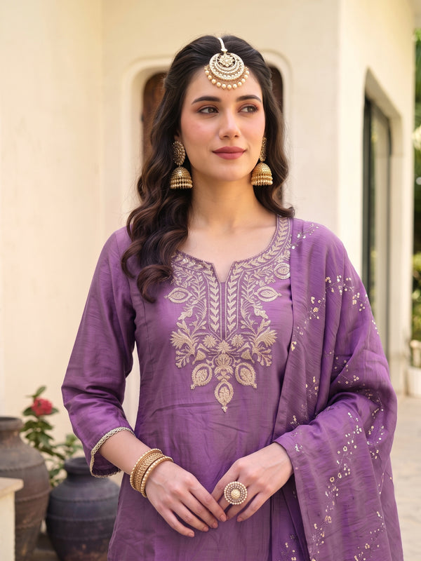 Women's Embroidered Gold Silk Straight Kurta With Sharara & Dupatta Set
