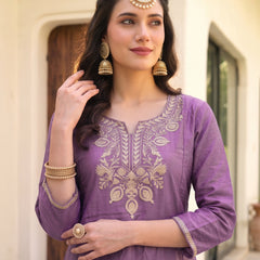 Women's Embroidered Gold Silk Straight Kurta With Sharara & Dupatta Set