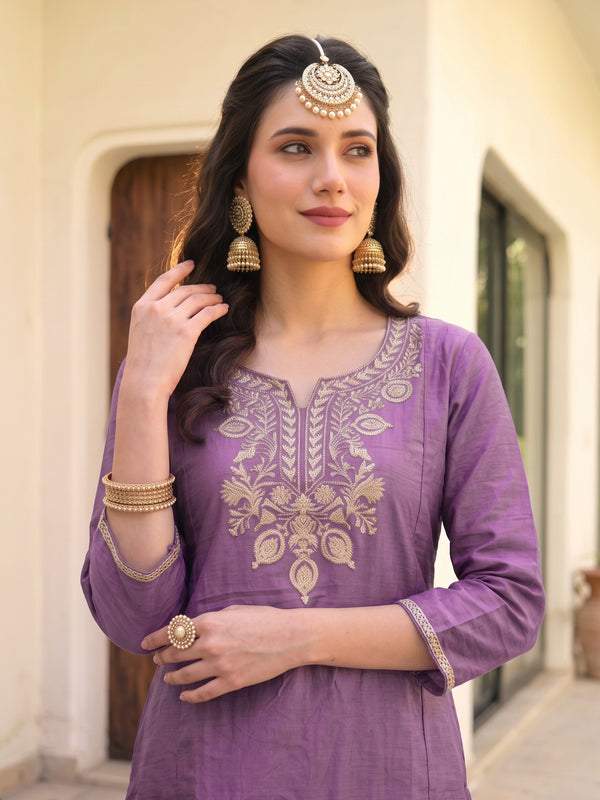 Women's Embroidered Gold Silk Straight Kurta With Sharara & Dupatta Set
