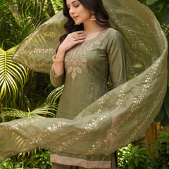 Women's Embroidered Gold Silk Straight Kurta With Sharara & Dupatta Set