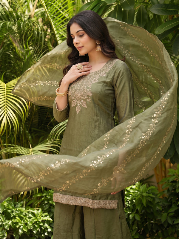 Women's Embroidered Gold Silk Straight Kurta With Sharara & Dupatta Set