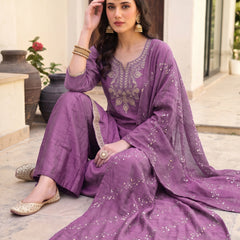Women's Embroidered Gold Silk Straight Kurta With Sharara & Dupatta Set