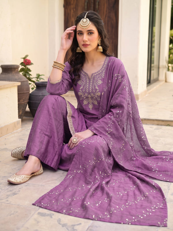 Women's Embroidered Gold Silk Straight Kurta With Sharara & Dupatta Set