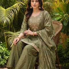 Women's Embroidered Gold Silk Straight Kurta With Sharara & Dupatta Set