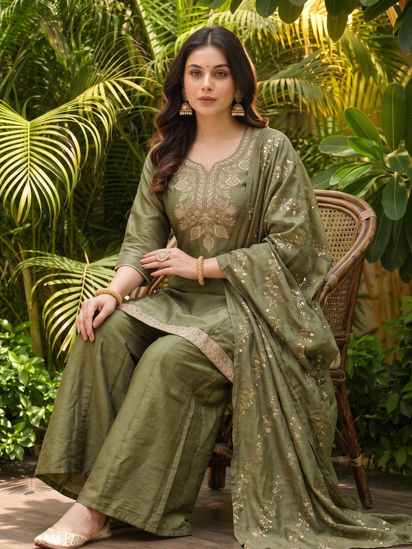 Women's Embroidered Gold Silk Straight Kurta With Sharara & Dupatta Set