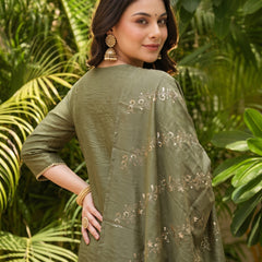 Women's Embroidered Gold Silk Straight Kurta With Sharara & Dupatta Set