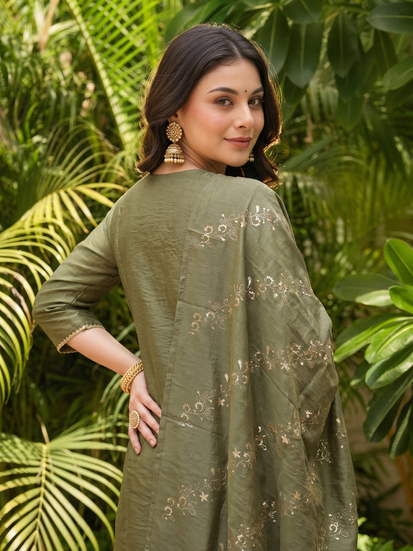 Women's Embroidered Gold Silk Straight Kurta With Sharara & Dupatta Set