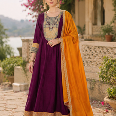 Women's Vichitra Silk with Lining Embroidered Flared Kurta with Pant & Dupatta Set  👗 Product Details 👗