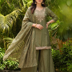 Women's Embroidered Gold Silk Straight Kurta With Sharara & Dupatta Set