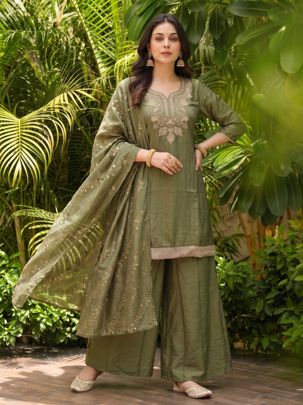 Women's Embroidered Gold Silk Straight Kurta With Sharara & Dupatta Set