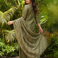 Women's Embroidered Gold Silk Straight Kurta With Sharara & Dupatta Set