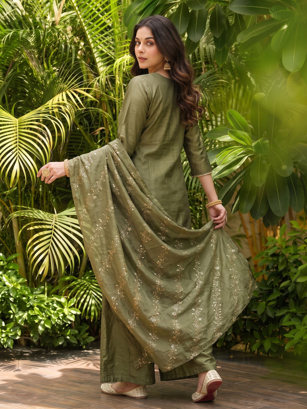 Women's Embroidered Gold Silk Straight Kurta With Sharara & Dupatta Set