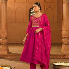 Women's viscose Silk Embroidered Flared Kurta with Pant and Dupatta