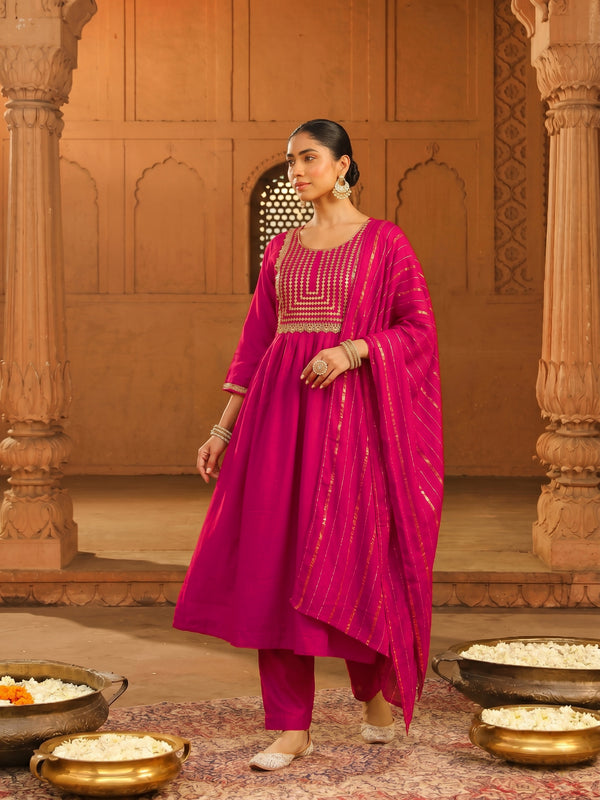 Women's viscose Silk Embroidered Flared Kurta with Pant and Dupatta