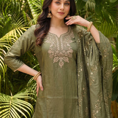 Women's Embroidered Gold Silk Straight Kurta With Sharara & Dupatta Set