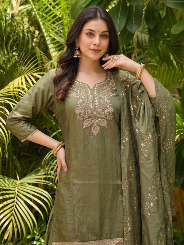 Women's Embroidered Gold Silk Straight Kurta With Sharara & Dupatta Set