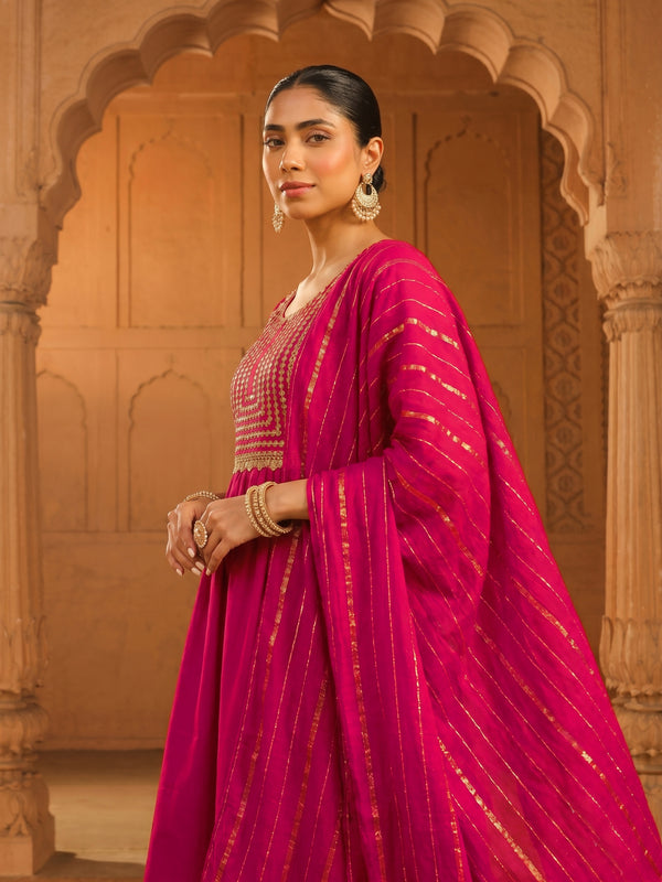 Women's viscose Silk Embroidered Flared Kurta with Pant and Dupatta