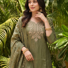 Women's Embroidered Gold Silk Straight Kurta With Sharara & Dupatta Set