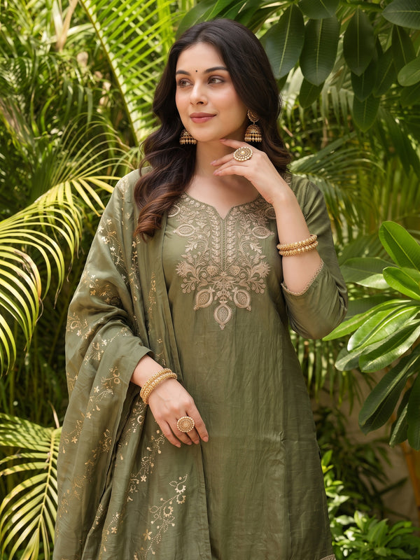 Women's Embroidered Gold Silk Straight Kurta With Sharara & Dupatta Set