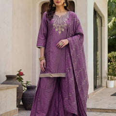 Women's Embroidered Gold Silk Straight Kurta With Sharara & Dupatta Set