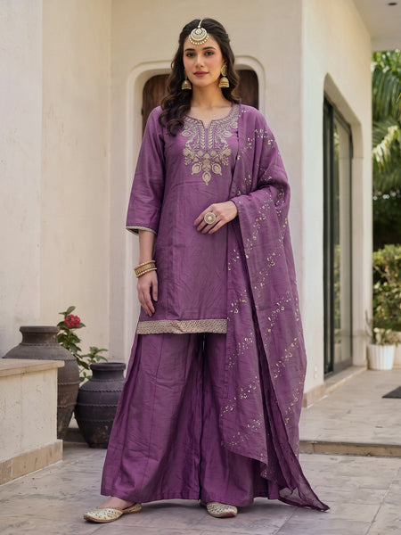 Women's Embroidered Gold Silk Straight Kurta With Sharara & Dupatta Set