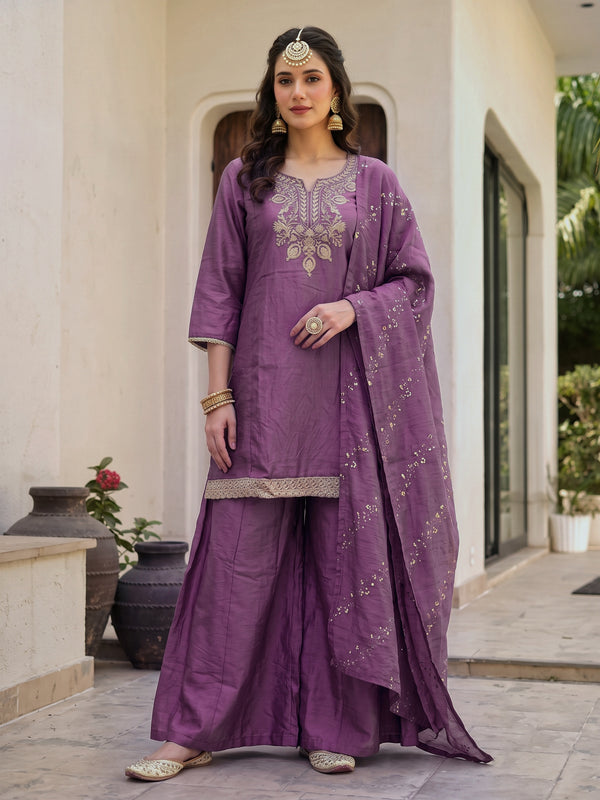 Women's Embroidered Gold Silk Straight Kurta With Sharara & Dupatta Set
