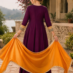 Women’s Vichitra Silk Embroidered Flared Kurta With Pant & Dupatta Set