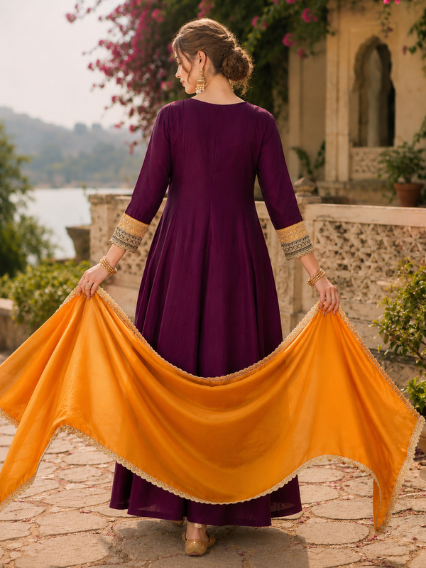 Women’s Vichitra Silk Embroidered Flared Kurta With Pant & Dupatta Set