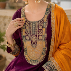 Women’s Vichitra Silk Embroidered Flared Kurta With Pant & Dupatta Set