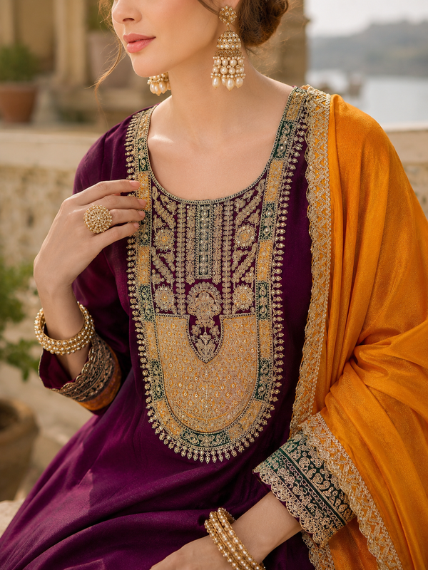 Women's Vichitra Silk with Lining Embroidered Flared Kurta with Pant & Dupatta Set  👗 Product Details 👗