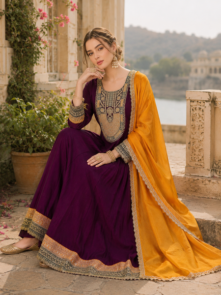 Women’s Vichitra Silk Embroidered Flared Kurta With Pant & Dupatta Set