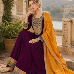 Women's Vichitra Silk with Lining Embroidered Flared Kurta with Pant & Dupatta Set  👗 Product Details 👗