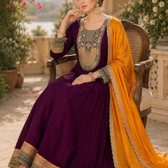 Women's Vichitra Silk with Lining Embroidered Flared Kurta with Pant & Dupatta Set  👗 Product Details 👗