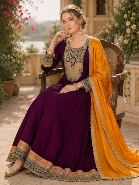 Women's Vichitra Silk with Lining Embroidered Flared Kurta with Pant & Dupatta Set  👗 Product Details 👗