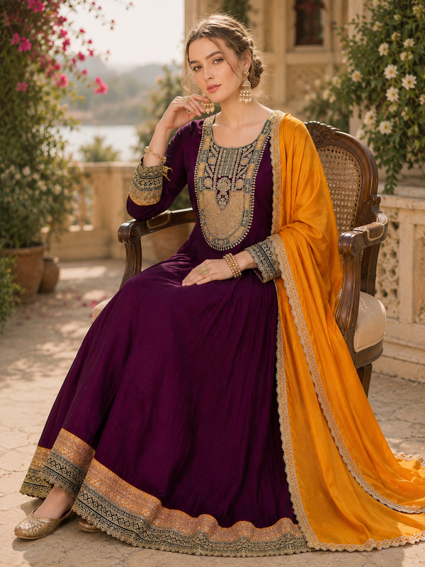 Women's Vichitra Silk with Lining Embroidered Flared Kurta with Pant & Dupatta Set  👗 Product Details 👗