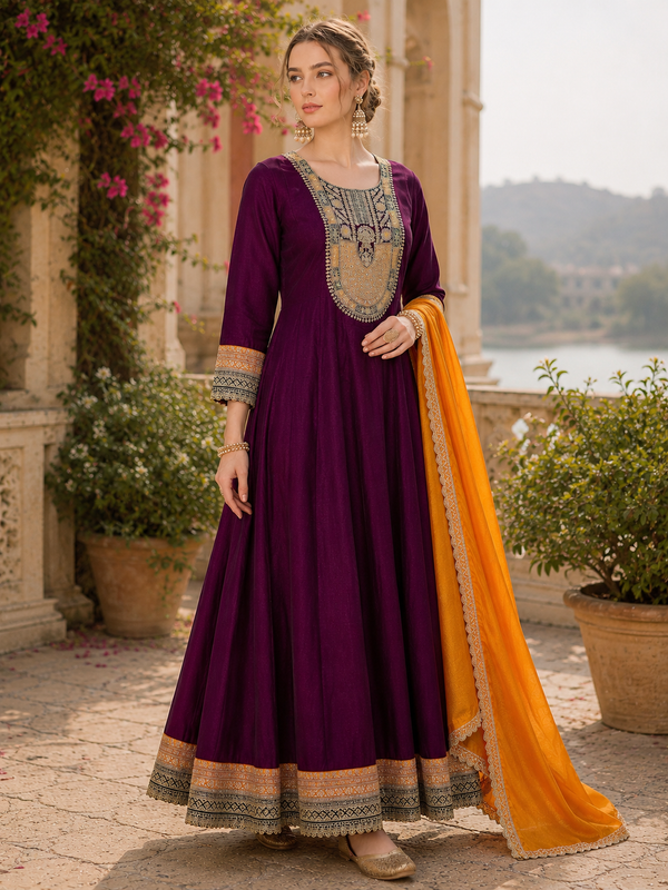 Women’s Vichitra Silk Embroidered Flared Kurta With Pant & Dupatta Set