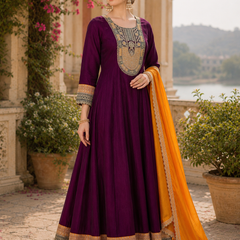 Women's Vichitra Silk with Lining Embroidered Flared Kurta with Pant & Dupatta Set  👗 Product Details 👗