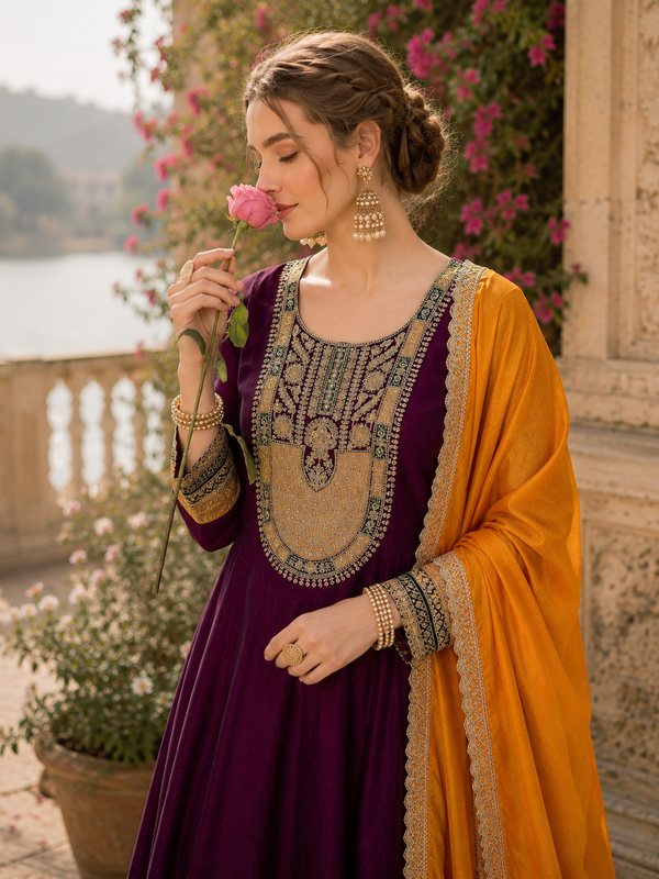 Women’s Vichitra Silk Embroidered Flared Kurta With Pant & Dupatta Set