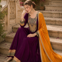 Women’s Vichitra Silk Embroidered Flared Kurta With Pant & Dupatta Set