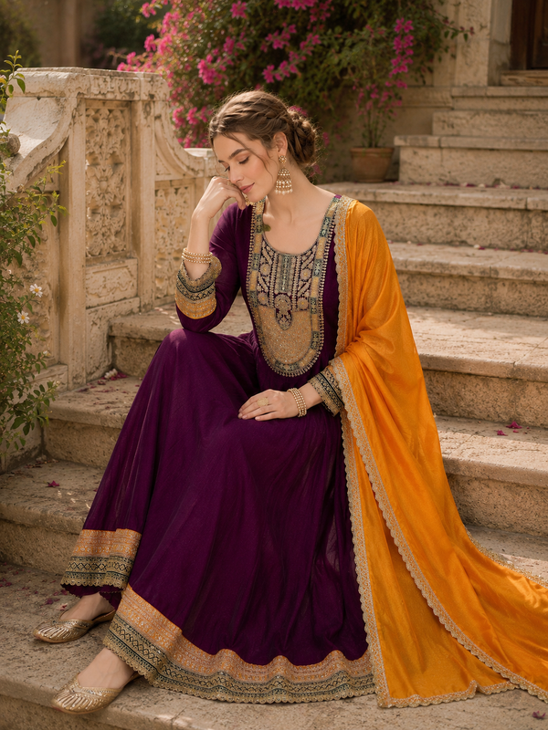 Women’s Vichitra Silk Embroidered Flared Kurta With Pant & Dupatta Set