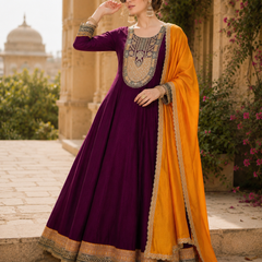 Women’s Vichitra Silk Embroidered Flared Kurta With Pant & Dupatta Set