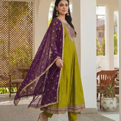 Women's Embroidered Vichitra Silk Kurta With Pant & Printed Dupatta Set