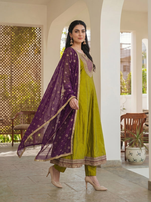 Women's Embroidered Vichitra Silk Kurta With Pant & Printed Dupatta Set