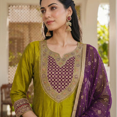Women's Embroidered Vichitra Silk Kurta With Pant & Printed Dupatta Set