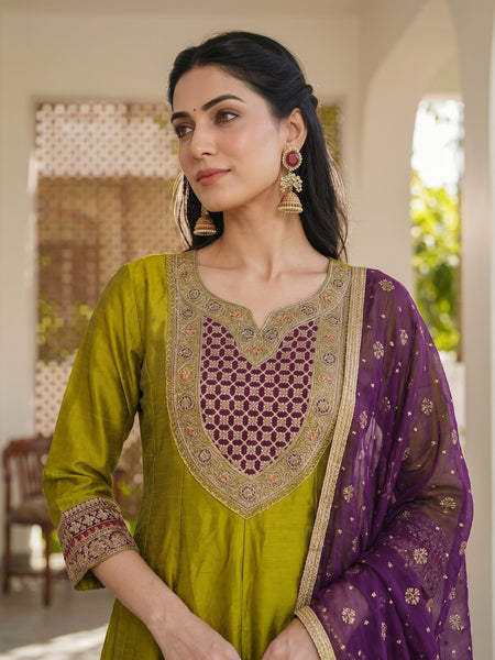 Women's Embroidered Vichitra Silk Kurta With Pant & Printed Dupatta Set