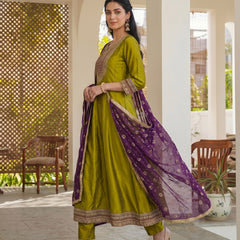 Women's Embroidered Vichitra Silk Kurta With Pant & Printed Dupatta Set