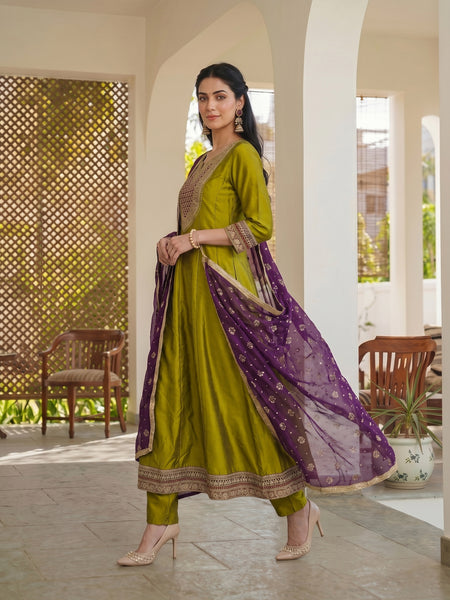 Women's Embroidered Vichitra Silk Kurta With Pant & Printed Dupatta Set